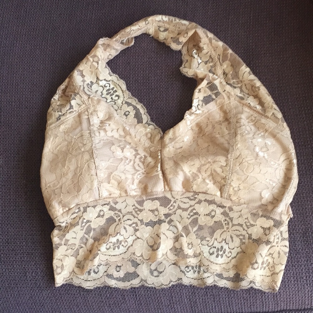 Beige lace halter bra